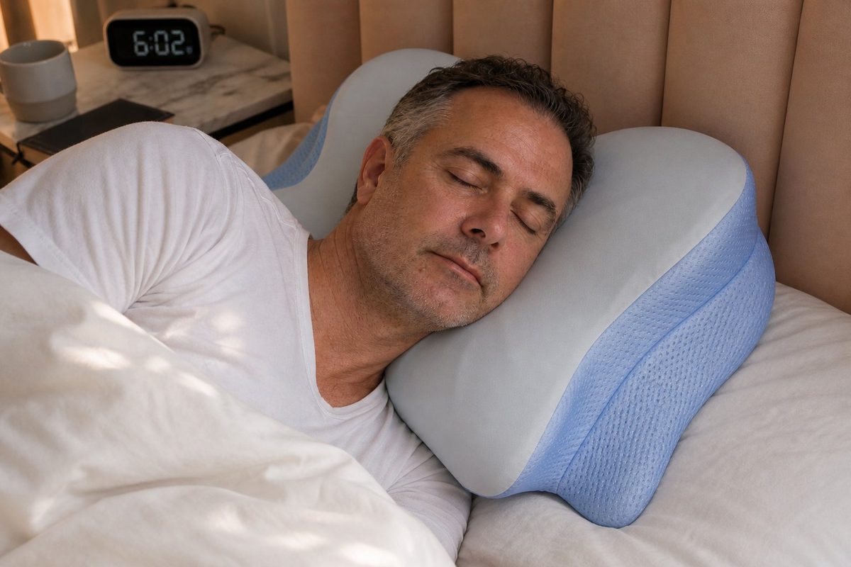 Man sleeping peacefully on a Derila Ergo pillow with proper neck alignment